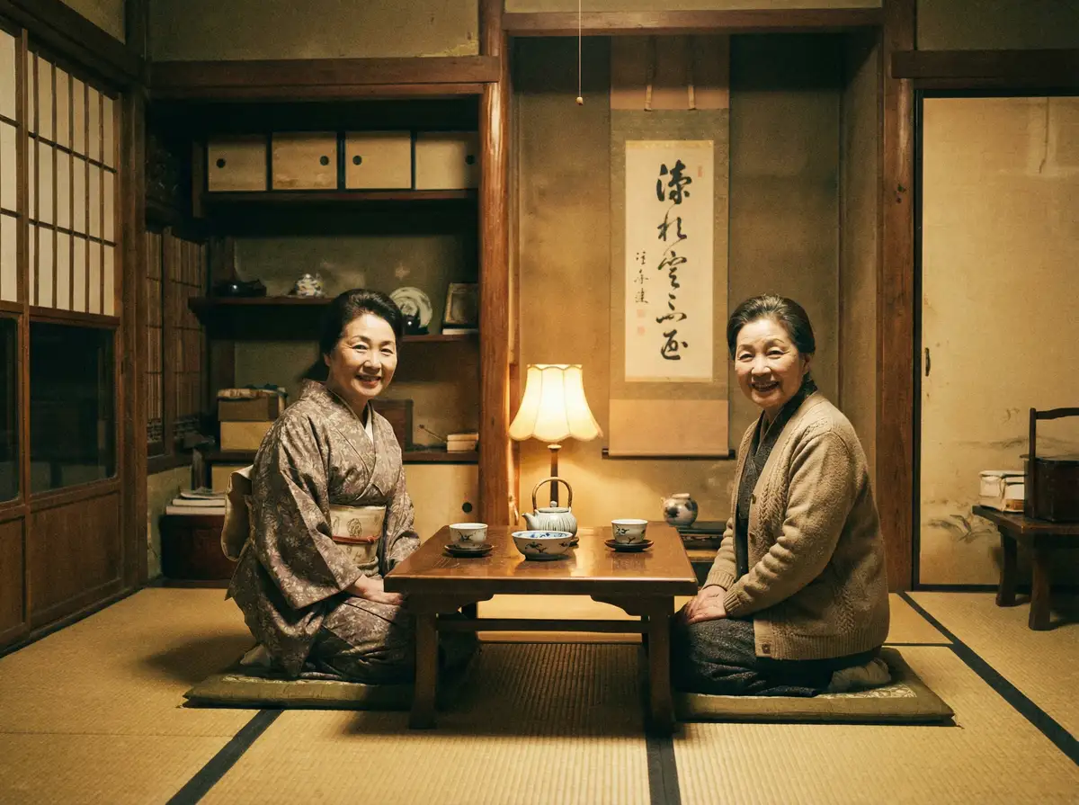 两位优雅的 国奥体育网站 在日式茶室中品茶交谈